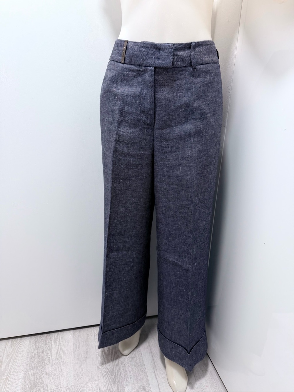 Peserico 100% Linen Tailored Wide Leg Pants Blue Made in Italy Size 40